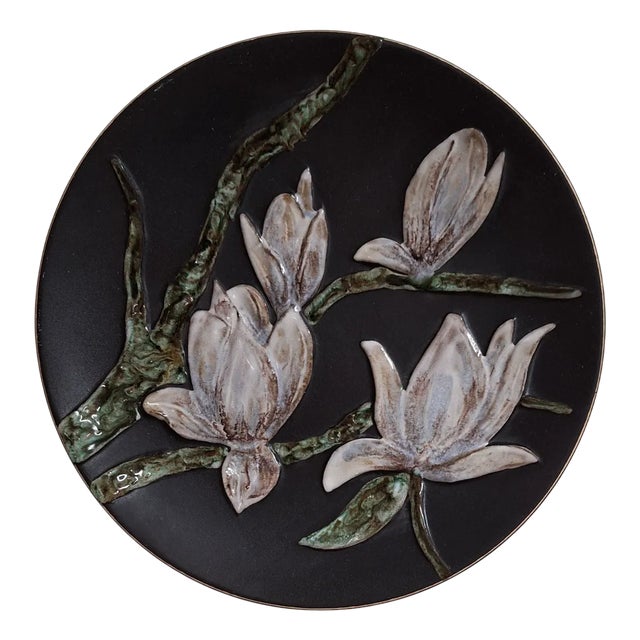 German Wall Plate in Ceramic with Glazed Colored Magnolia Blossoms, 1970s For Sale
