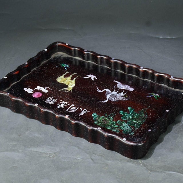 Traditional Scalloped Wooden Tray With Mother-of-Pearl Deer and Crane Inlay For Sale - Image 3 of 8