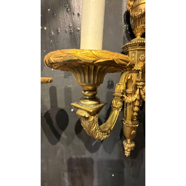 Edward F. Caldwell & Co. 1920 Caldwell Gild Bronze Sconces 3 Lights Louis XVI Style - a Pair For Sale - Image 4 of 12