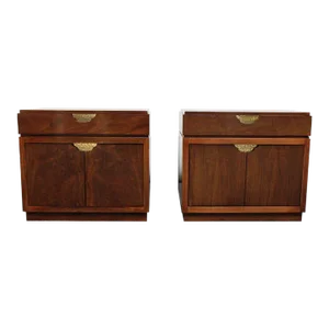Pair of Vintage Walnut and Brass Nightstands by Baker