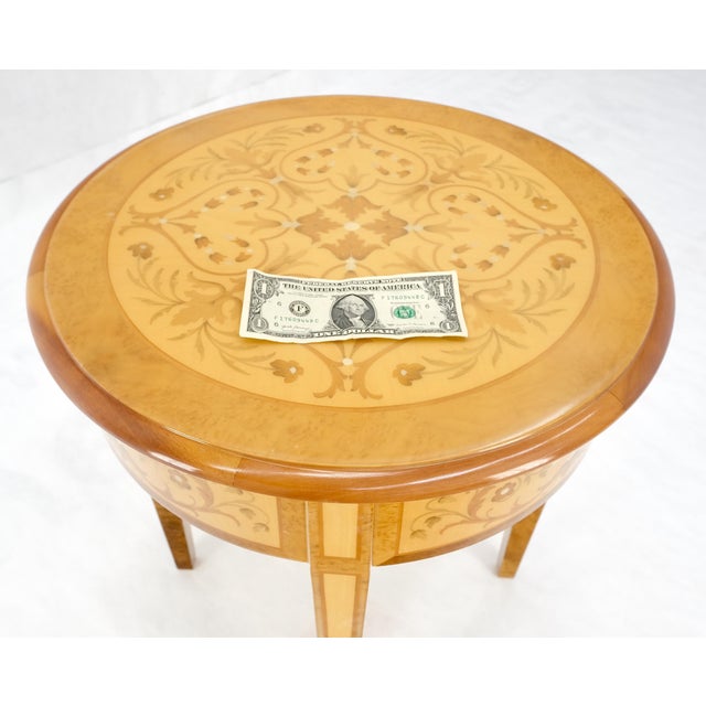 Wood Round 20" in Diameter Inlayed One Drawer Burl Wood Tapered Legs Stand End Table For Sale - Image 7 of 8