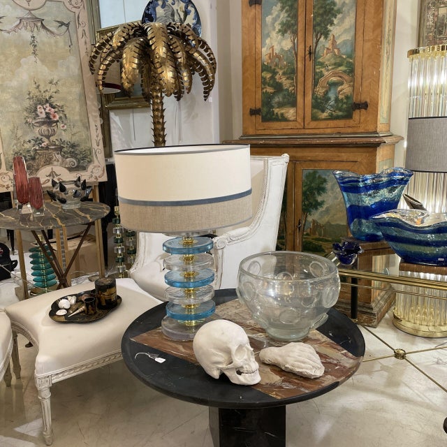 1980s Vintage Blue and Clear Murano Glass Disc Table Lamps, Set of 2 For Sale - Image 5 of 6