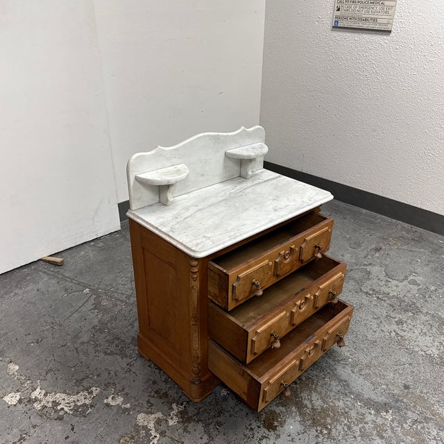 Oak Washstand Marble Top + Backsplash, Antique For Sale - Image 4 of 12