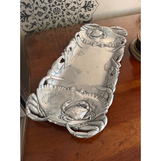 Vintage Arthur Court cast aluminum rectangular serving tray featuring an intricately sculpted coastal crab and shell...