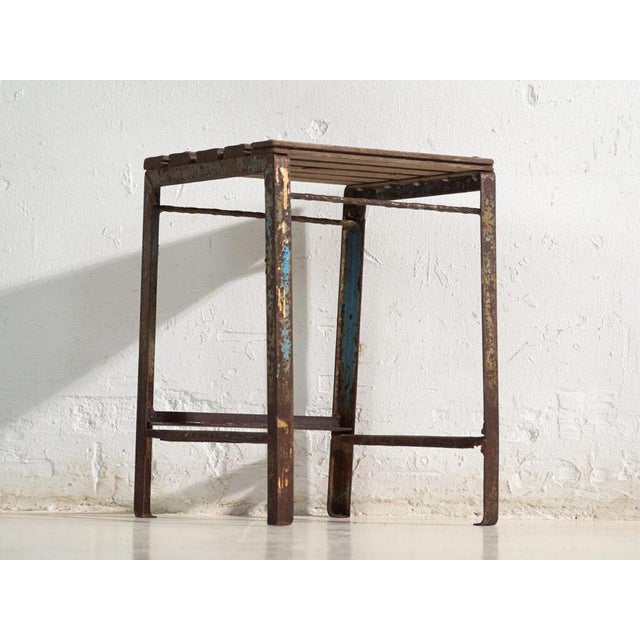 Antique Industrial Stool in Pine Wood and Iron, Central Europe, 1950 For Sale - Image 3 of 8