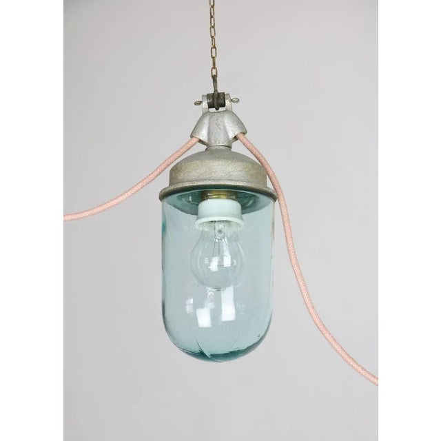 Vintage Industrial Blue Glass and Grey Metal Pendant Lamps, 1950s, Set of 2 For Sale - Image 10 of 16