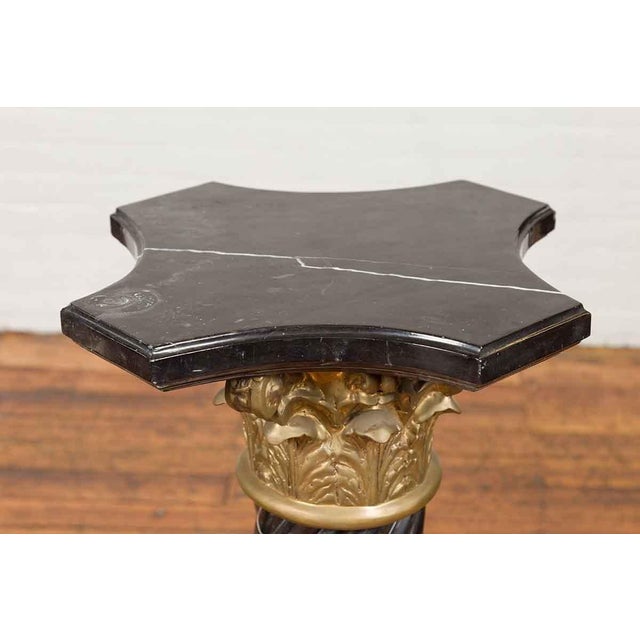 Pair of Black Carrara Marble Twisted Pedestals with Bronze Corinthian Capitals For Sale - Image 9 of 15