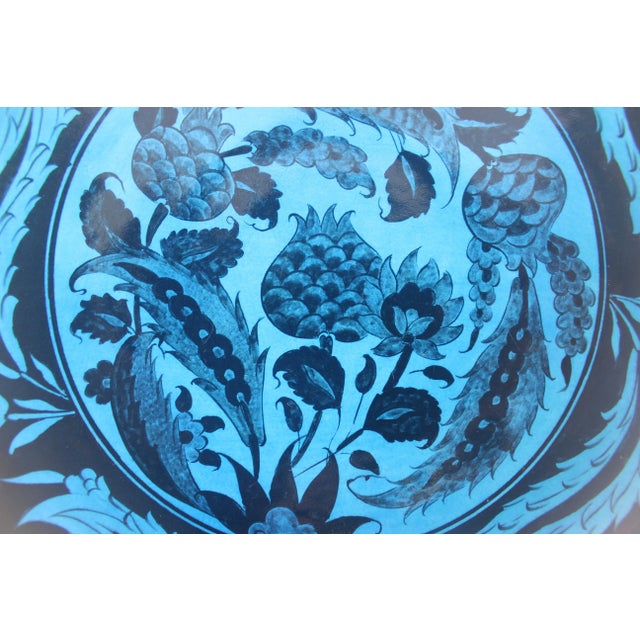 Vintage Turkish Ceramic Wall Plate, Signed by Artist, Hand Painted Boho Decor, Styling Pomegranate Floral Deep Blue Teal Black For Sale - Image 9 of 10