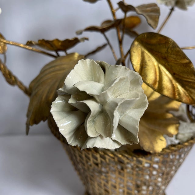Vintage basket gold leaf cast iron floral with flowers porcelain. Origin : France Circa : 1950