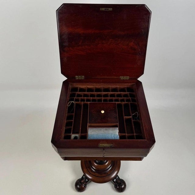 An elegant 19th-century English Regency workbox, finely crafted from mahogany and distinguished by its fitted interior,...