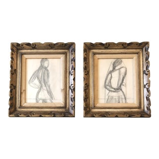 Gallery Wall Collection-2 Original Vintage Abstract Female Charcoal Study Drawings Vintage Frames- a Pair For Sale