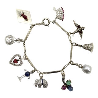 1920s Art Deco 14k Gold and Platinum Diamond and Gem Set Charm Bracelet For Sale