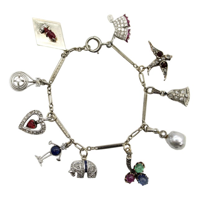1920s Art Deco 14k Gold and Platinum Diamond and Gem Set Charm Bracelet For Sale