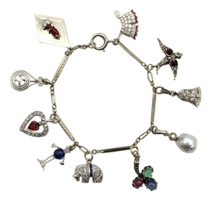 1920s Art Deco 14k Gold and Platinum Diamond and Gem Set Charm Bracelet
