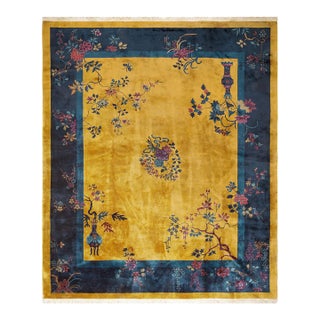 1920s Antique Chinese Floral Art Deco Wool Manchester Yellow Hand Knotted Rug For Sale