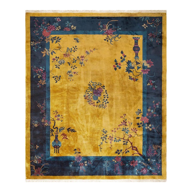 1920s Antique Chinese Floral Art Deco Wool Manchester Yellow Hand Knotted Rug For Sale