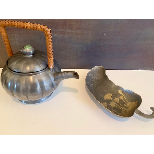 Vintage Art Deco Pewter Set, Teapot & Lotus Leaf Dish - Set of 2 For Sale - Image 10 of 13