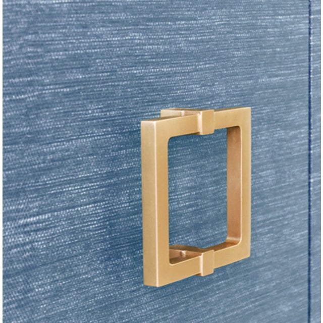 Worlds Away Matthew Izzo Home Effie Denim Blue Grasscloth Four Door Buffet With Glass Top and Brass Square Handles For Sale - Image 4 of 8