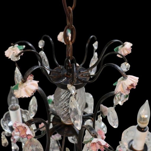 Gold Vintage Crystal, Glass & Ebonized Iron 5-Light Chandelier With Porcelain Flowers For Sale - Image 8 of 11