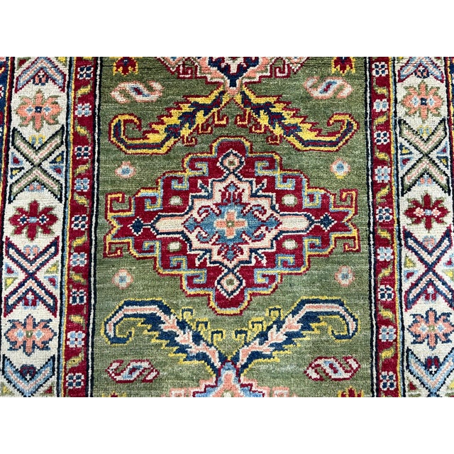 Olive Green and Cream Kazak-Style Wool Runner Rug, Natural Dyes, 2'9" X 10' For Sale - Image 9 of 16