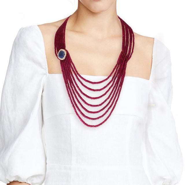 480 Ct 7 Layer Natural Smooth Ruby Bead Necklace 14k Gold Sapphire Diamond Clasp For Sale - Image 17 of 18