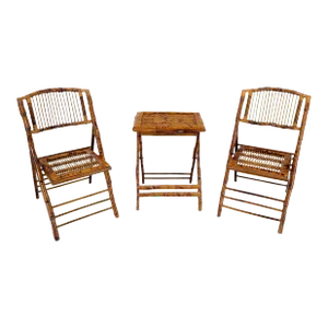 Burnt Bamboo Vintage Folding Cafe Occasional Table w/ Two Matching Chairs Set - 3 Pieces