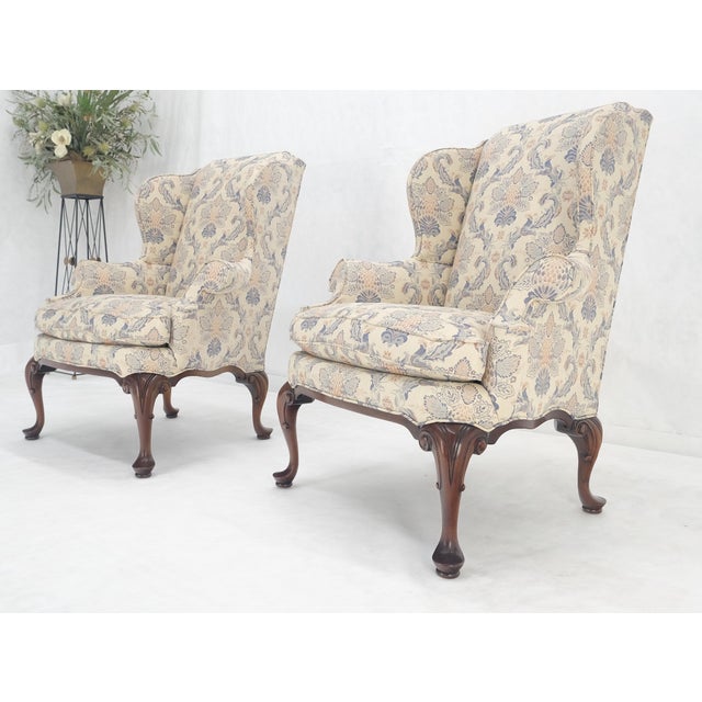 Queen Ann Carved Walnut Bases Blue & White Upholstery Arm Chairs - A Pair For Sale - Image 12 of 12