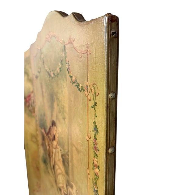 Antique French Louis XV Hand-Painted Canvas Three-Panel Screen / Room Divider For Sale - Image 4 of 10