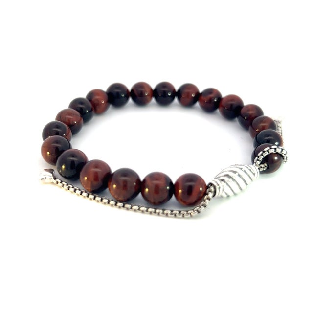 1990s David Yurman Tiger Eye Spiritual Beads Bracelet 6.6 - 8.5" Silver 8 mm Estate For Sale - Image 14 of 16
