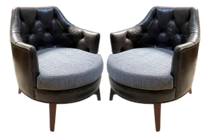Pair of Mid-Century American Club Chairs With Tufted Leather and Fabric. 1950's