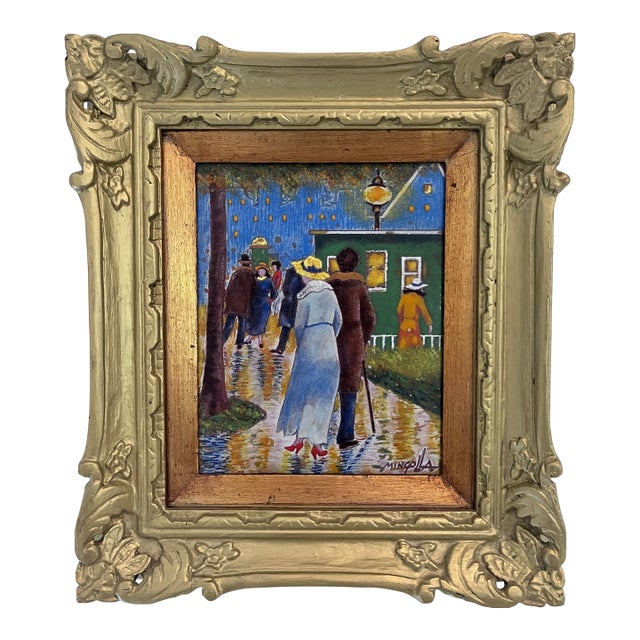 Vintage Signed Enamel on Copper Street Scene Painting by Mingolla For Sale