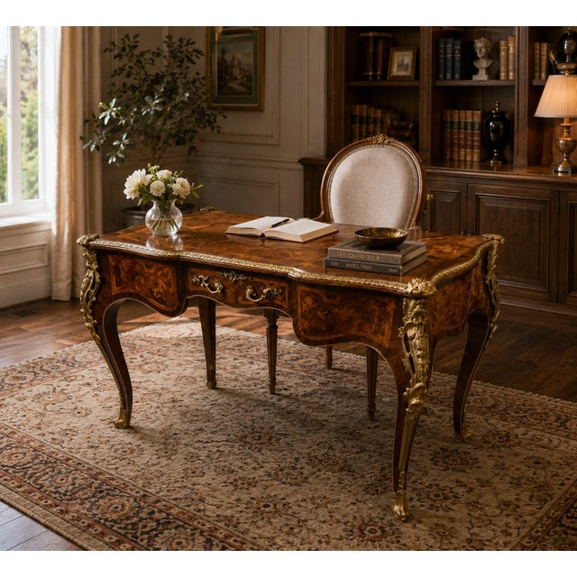A beautifully crafted French-style writing desk featuring rich marquetry inlay and ornate gilt bronze (ormolu) mounts. The...