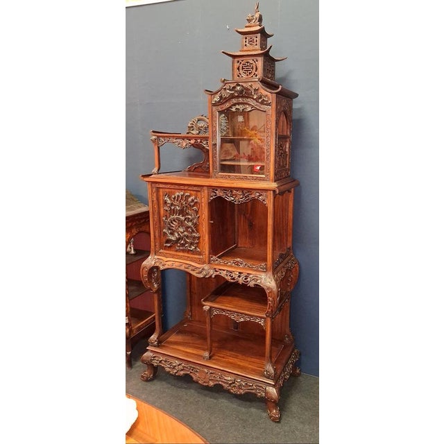 Japanese-Style Carved Wooden Display Cabinet For Sale - Image 3 of 8