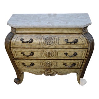 Wood Marble Top Chest French Baroque Style Bombay Commode Carved 3 Drawer 90's For Sale