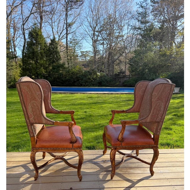 A Pair of Custom Ralph Lauren Wingback Lounge Chairs Upholstered in Leather and Paisley For Sale - Image 14 of 18