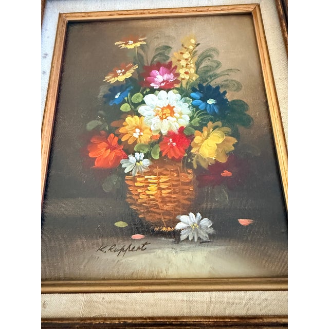 Wood Vintage Signed Floral Factory Art in Wood Frame With Linen Liner For Sale - Image 7 of 7