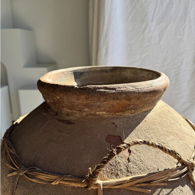 Large Grey and Red Terracotta Pot with Rattan Handles and Crossbars, 1980s For Sale - Image 6 of 11