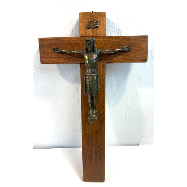 Vintage European Wood and Brass Crucifix For Sale - Image 4 of 7