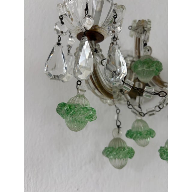 Glass C 1920 Rare Set Green Murano Flowers Ribbon Crystal Sconces One of Kind For Sale - Image 7 of 11