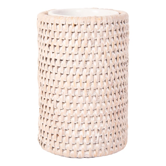 Artifacts Rattan Round Tumbler with Ceramic Insert, White Wash For Sale