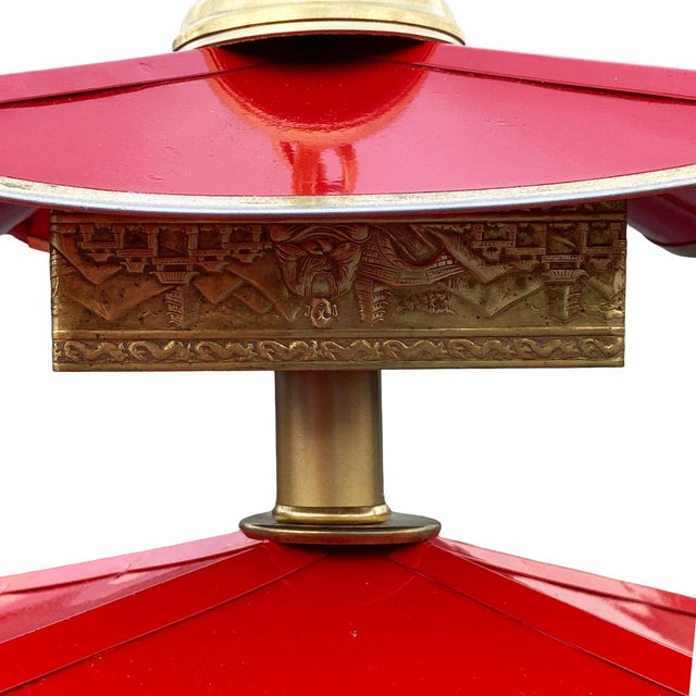 1950s Mid-Century Modern Pagoda Enameled Red Metal & Gold-Tone Tole Chinoiserie Chandelier For Sale - Image 12 of 18