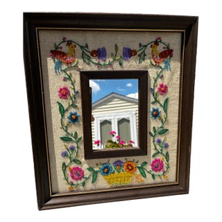 1976 Vibrant Crewel Embroidered Framed Mirror For Sale