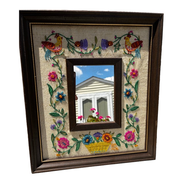 1976 Vibrant Crewel Embroidered Framed Mirror For Sale