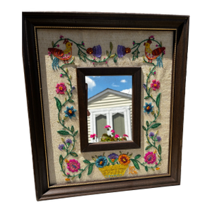 1976 Vibrant Crewel Embroidered Framed Mirror