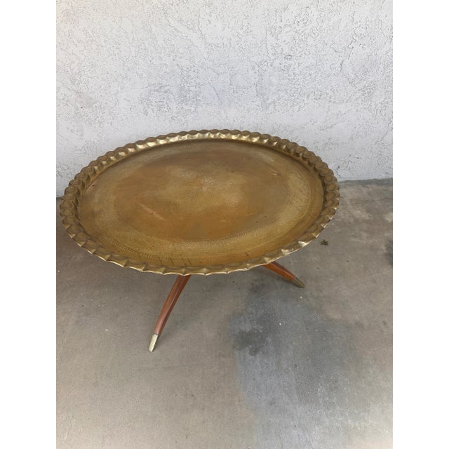 Wood 1950s Moroccan Brass Tray Table on Mid-Century Modern Base For Sale - Image 7 of 12