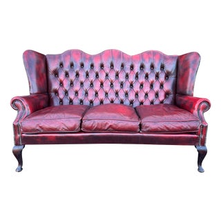 English High-Back Chesterfield Sofa with Queen Anne Legs in Burgundy Leather, 1980s For Sale