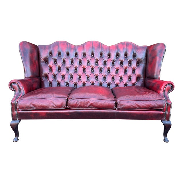 English High-Back Chesterfield Sofa with Queen Anne Legs in Burgundy Leather, 1980s For Sale