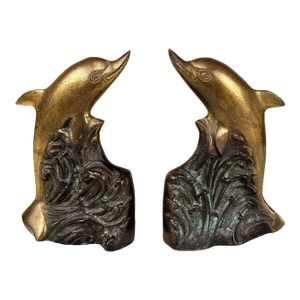 Vintage Coastal Art Deco Brass Dolphin Library Bookends - A Pair