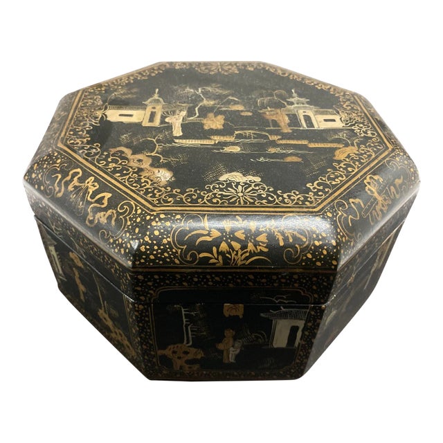 Large Chinese Tea Box Black Lacquered Gilt Hand Painted Octagonal Box 1940s For Sale