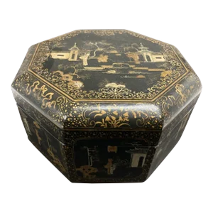 Large Chinese Tea Box Black Lacquered Gilt Hand Painted Octagonal Box 1940s